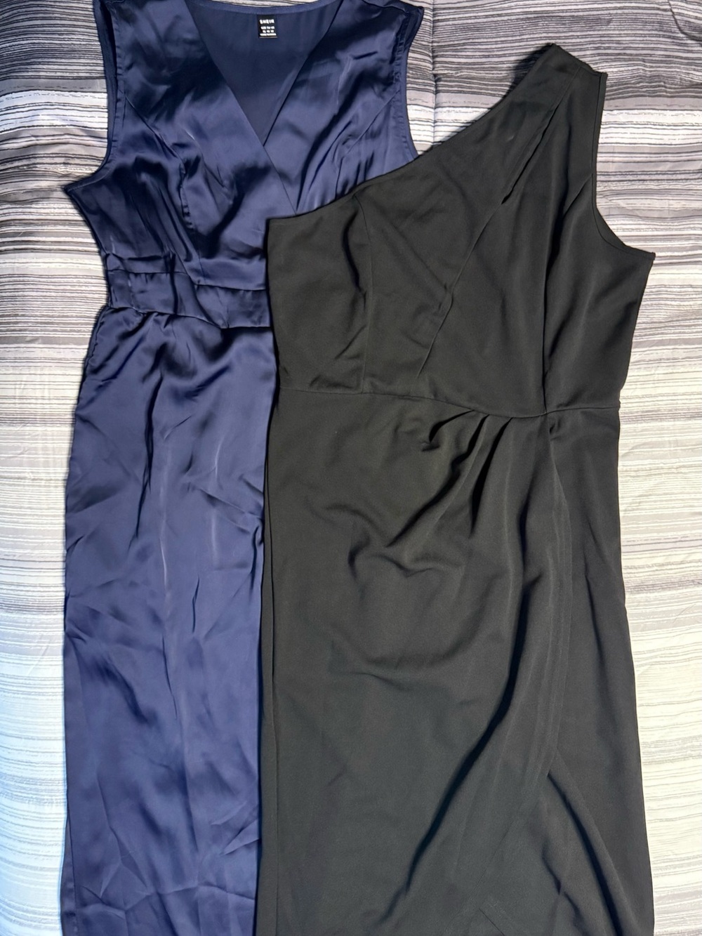 SHEIN Navy Satin Sheath & SHEIN Black One-Shoulder Dress